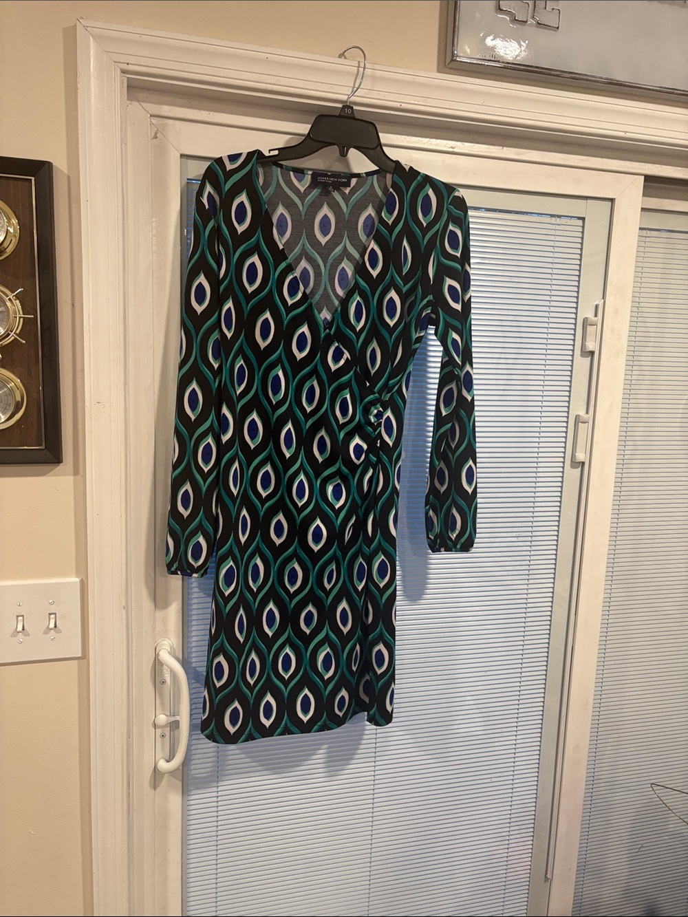 Jones New York Teal & Black Geometric Long-Sleeve Faux Wrap Dress